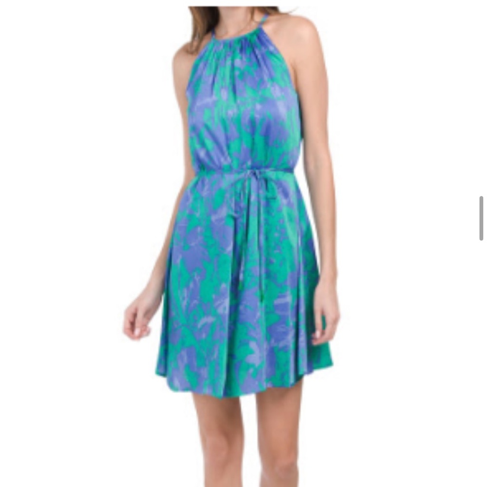 Blue and Green Halter Mini Sundress for Cocktail